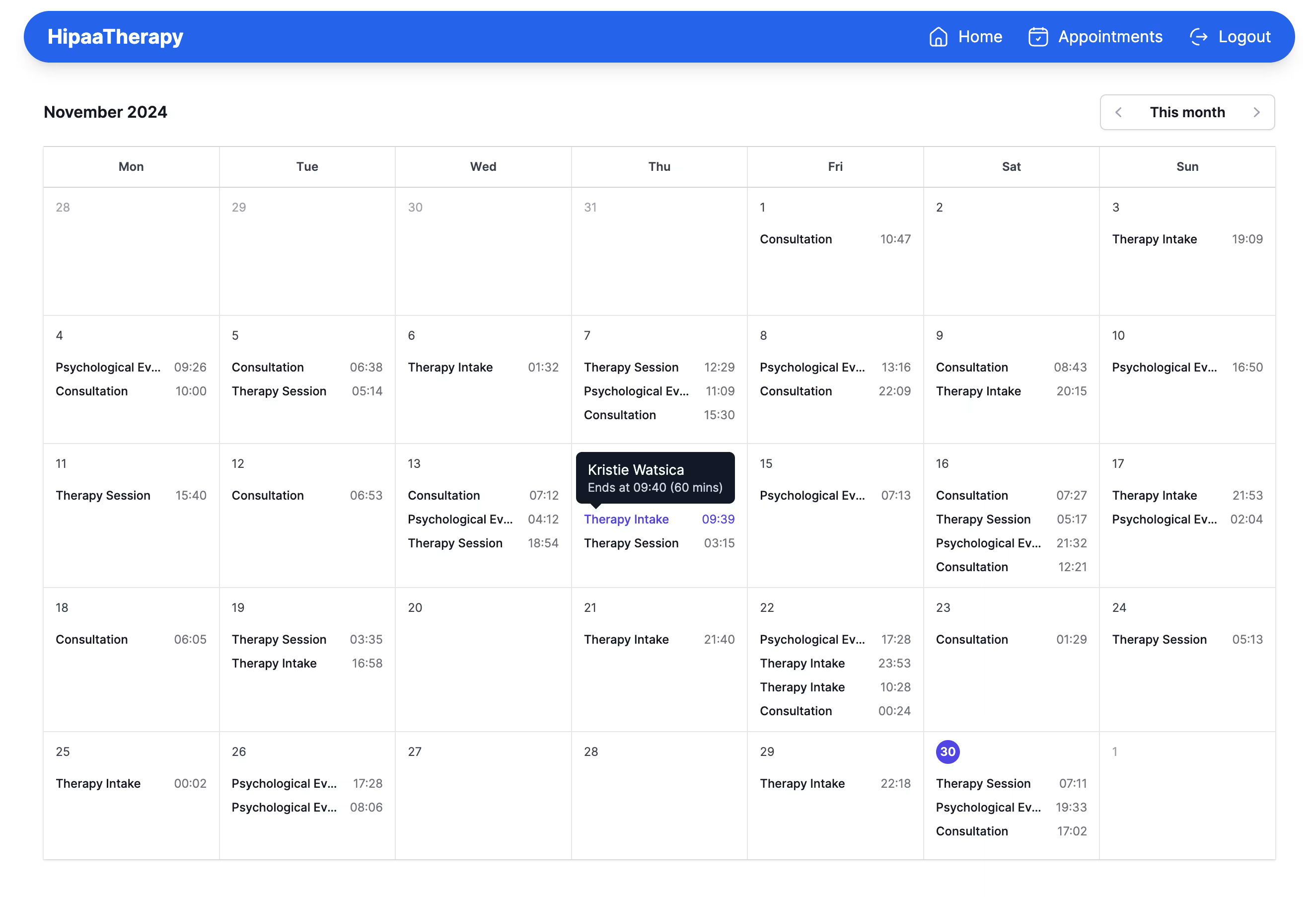 A screenshot of the calendar in HippaTherapy